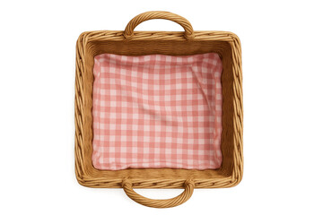 Wicker picnic basket with pink gingham cloth isolated