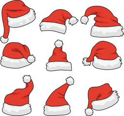 vector christmas collection of santa claus hats isolated on white background. holiday santa cap for christmas