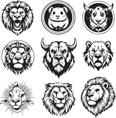 Obraz premium Animal Head Vector Set – Lion, Bull, Bear, Hamster in Black and White Minimalist Graphic Grid