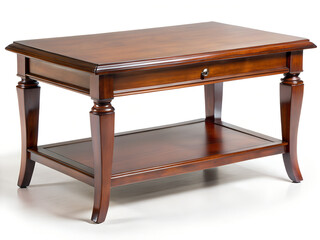 A polished wooden coffee table with a drawer and shelf isolated on white background