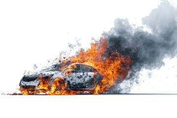 Car engulfed in flames and smoke against a white background