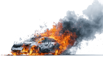 Car engulfed in flames and smoke against a white background