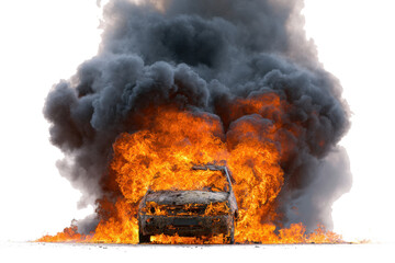 Car engulfed in intense flames and thick black smoke against a white background