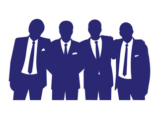 Four men in suits stand together isolated on white background in silhouette