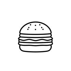 Fototapeta premium Simple line drawing of a burger with sesame seeds on the bun, isolated on white.