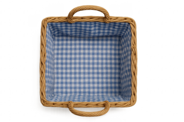 Empty wicker picnic basket with blue gingham lining