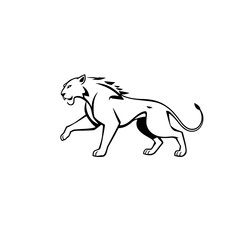 Obraz premium A stylized, black and white illustration of a lion walking with its mouth open.