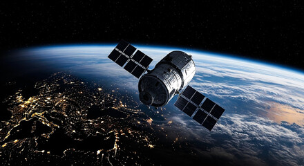 Satellite orbiting earth with visible city lights below in space environment