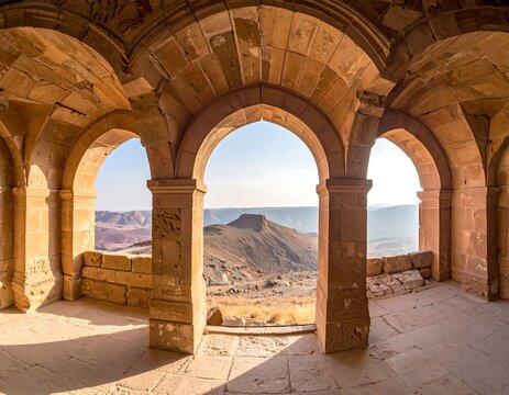 Architectural Arches Framing Desert Landscape in Jaisalmer, Rajasthan.