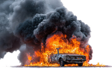 Vehicle engulfed in intense flames and thick black smoke against a white background