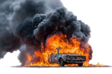 Vehicle engulfed in intense flames and thick black smoke against a white background