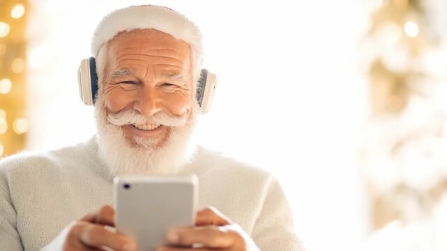 Modern Santa Claus: A jovial figure, adorned in traditional garb with headphones, is absorbed in the digital age, smiling with a smart phone in hand.