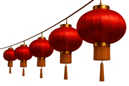 Red Chinese lanterns string extending celebration on transparent background