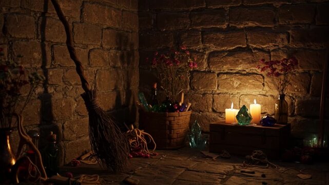 Mystic potion ingredients with broom and candles in candlelit room  