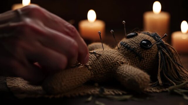 Hand placing needle into voodoo doll surrounded by candles in darkness  
