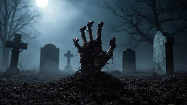 A mysterious dead man's hand emerging from the ground in a dark night cemetery