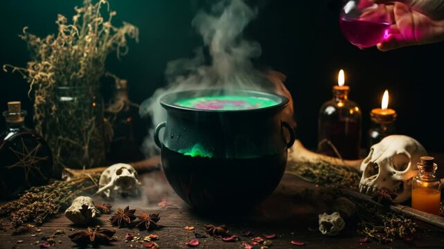 Steaming cauldron with colorful potion and candles in dark setting  