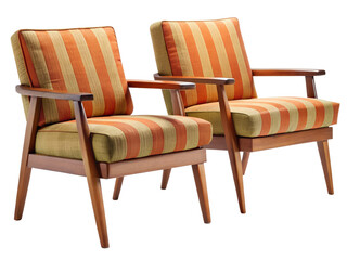 A pair of midcentury modern armchairs with orange and brown striped upholstery, isolated on transparent background