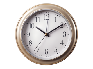 A closeup of a round analog wall clock with a gold frame, isolated on transparent background