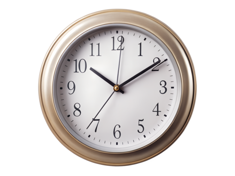 A closeup of a round analog wall clock with a gold frame, isolated on transparent background