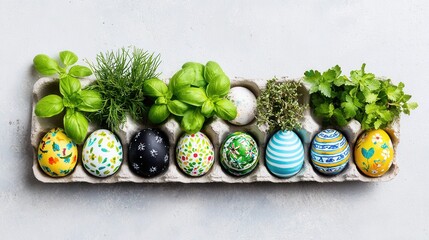 Colorful easter eggs fresh herbs in carton display