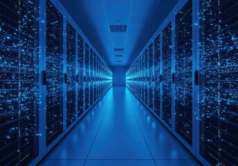 Futuristic server room with glowing blue lights and data streams