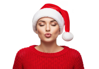 Beautiful woman in red sweater and santa hat isolated on transparent background sending an air kiss with closed eyes