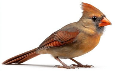 Female northern cardinal bird with orange-brown plumage and distinctive crest perched on white background, showcasing natural beauty and wildlife detail