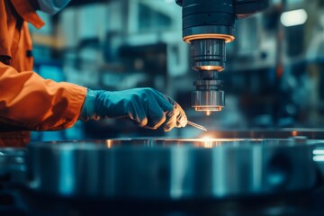 Technician's gloved hand performing precision work on a metal specimen, preparing it for quality analysis in an industrial setting