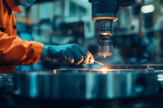 Technician's gloved hand performing precision work on a metal specimen, preparing it for quality analysis in an industrial setting