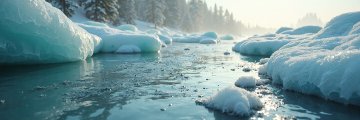 Obraz premium Scenic winter landscape with icy river and floating icebergs reflecting sunlight in tranquil waters. Icy formations surround the river providing a serene atmosphere.