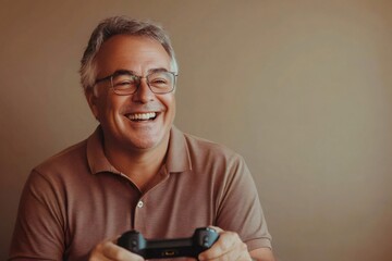 Adult man with gray hair and glasses smiling broadly, holding a video game controller and having fun. Concept of casual gaming