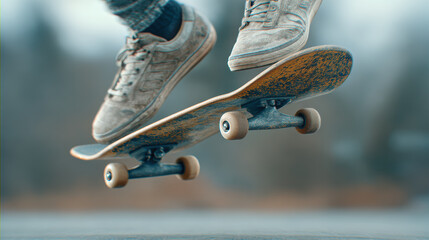 Dynamic skateboard jump captures an active teenager practicing cool trick. This extreme sport represents rebellious youth lifestyle with sense of freedom and energy