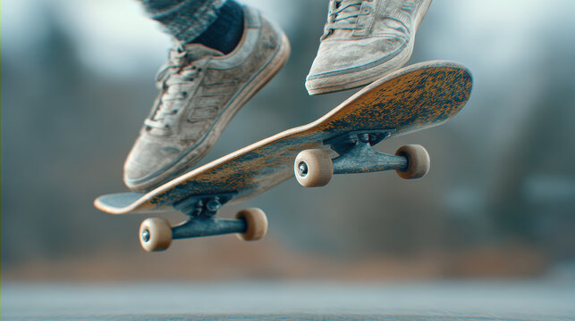 Dynamic skateboard jump captures an active teenager practicing cool trick. This extreme sport represents rebellious youth lifestyle with sense of freedom and energy