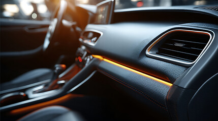 Fototapeta premium Sophisticated Vehicle Interior Showcasing Modern Dashboard and Warm Ambient Illumination