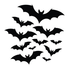 Fototapeta premium A swarm of black bat silhouettes flying in a circular pattern against a white background for halloween