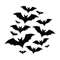 Fototapeta premium A swarm of black silhouette bats flying in a chaotic cluster against a white background for halloween
