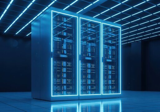 Modern server room with glowing blue lights and racks of computers