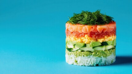 Layered sushi tower on blue background