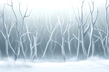 Bare trees and their branches covered in frost or snow creating a cold and serene winter forest background