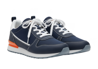 Pair of stylish navy blue sneakers with white laces isolated on transparent background, perfect for casual wear