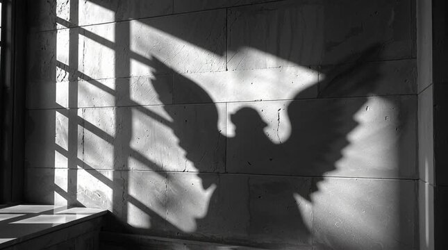 Artistic high-contrast scene showing the massive, dramatic shadow of an angel&rsquo;s wings cast across the wall of Mary&rsquo;s simple room, evoking awe, divine presence, and quiet reverence.
