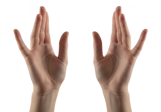 Two hands with fingers spread upwards isolated on transparent background, showing a gesture of surrender or praise