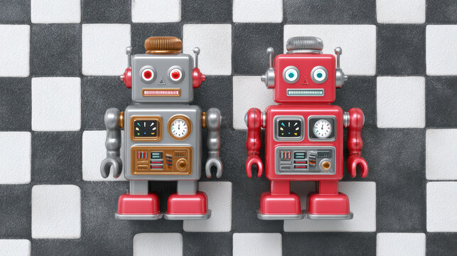 Top view of red and silver vintage robot toy pair. These charming retro machines stand on black and white checkered floor background, evoking sense of nostalgia