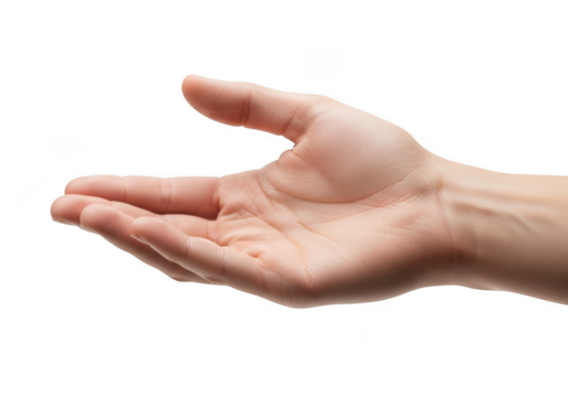Open hand of a young woman isolated on transparent background, palm up, ready to receive something or give something