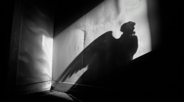 Artistic high-contrast scene showing the massive, dramatic shadow of an angel&rsquo;s wings cast across the wall of Mary&rsquo;s simple room, evoking awe, divine presence, and quiet reverence.
