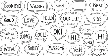 Speech Bubble Set with HandDrawn Style Outlines and Various Text Elements on White