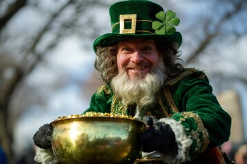 Happy leprechaun smiling and carrying a pot full of gold coins. Celebrating Irish folklore and good luck