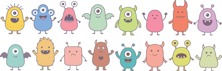 Adorable pastel monster characters set in cute doodle vector style, friendly aliens with eyes, horns, wings and antennas, thin outlines on clean background, playful kids design for stickers