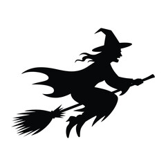 Silhouette of a witch flying on a broomstick against a white background for halloween
